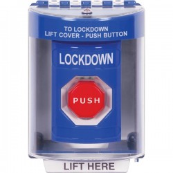 SS2485LD-EN STI Blue Indoor/Outdoor Surface w/ Horn Momentary (Illuminated) Stopper Station with LOCKDOWN Label English