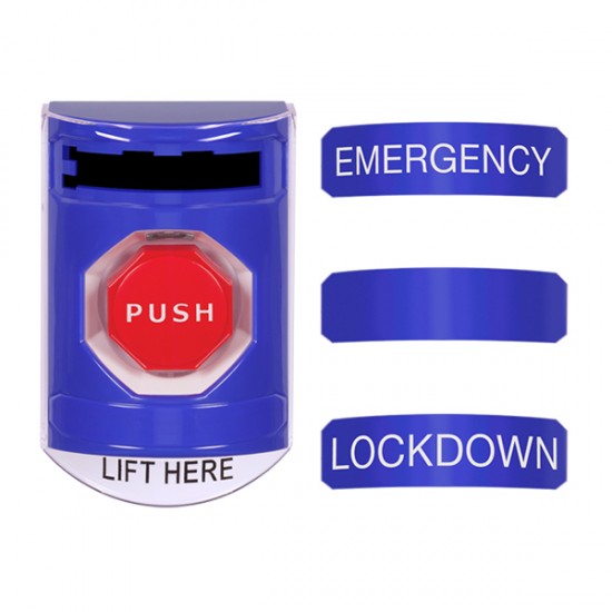 CP-SS43-EN STI Blue Indoor 3-in-1 Stopper Station Kit Key-to-Reset/Turn-to-Reset/Momentary w/ Snap-in Labels Label