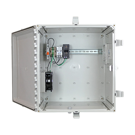 EP181611-O5 STI Polycarbonate Enclosure with NEMA 3R Filter Fan w/ Filter Vent and Power Strip 18" H x 16" W x 11" D Solid Door EP181611-O5 STI Polycarbonate Enclosure with NEMA 3R Filter Fan w/ Filter Vent and Power Strip 18" H x 16" W x 11" D Solid Door