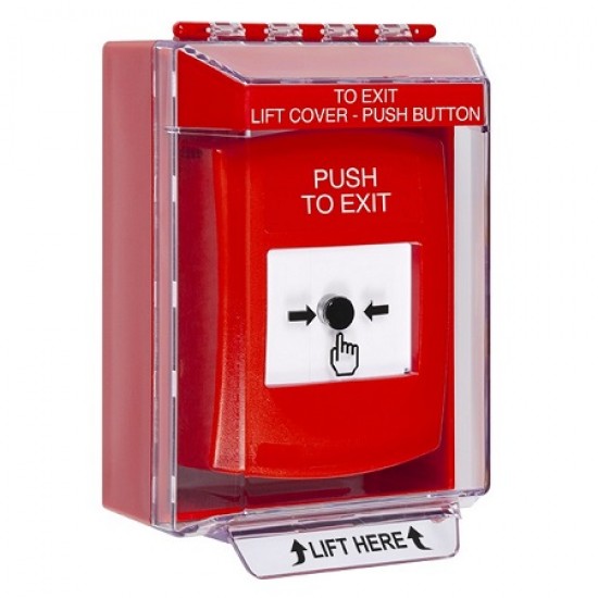 GLR081PX-EN STI Red Indoor/Outdoor Low Profile Surface Mount w/ Sound Key-to-Reset Push Button with PUSH TO EXIT Label English GLR081PX-EN STI Red Indoor/Outdoor Low Profile Surface Mount w/ Sound Key-to-Reset Push Button with PUSH TO EXIT Label English