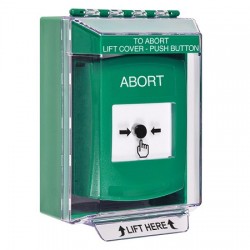 GLR171AB-EN STI Green Indoor/Outdoor Low Profile Surface Mount Key-to-Reset Push Button with ABORT Label English