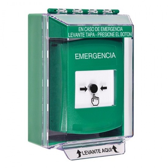 GLR181EM-ES STI Green Indoor/Outdoor Low Profile Surface Mount w/ Sound Key-to-Reset Push Button with EMERGENCY Label Spanish