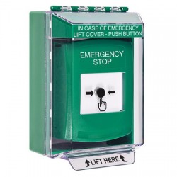 GLR181ES-EN STI Green Indoor/Outdoor Low Profile Surface Mount w/ Sound Key-to-Reset Push Button w/ EMERGENCY STOP Label
