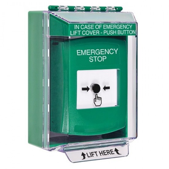 GLR181ES-EN STI Green Indoor/Outdoor Low Profile Surface Mount w/ Sound Key-to-Reset Push Button w/ EMERGENCY STOP Label