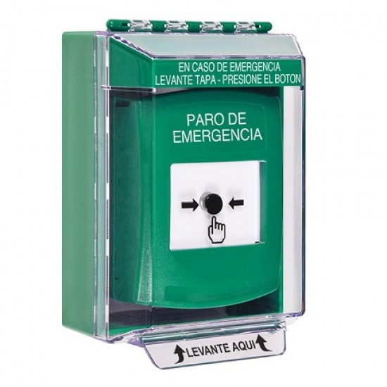 GLR181ES-ES STI Green Indoor/Outdoor Low Profile Surface Mount w/ Sound Key-to-Reset Push Button w/ EMERGENCY STOP Spanish