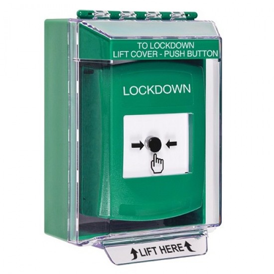 GLR181LD-EN STI Green Indoor/Outdoor Low Profile Surface Mount w/ Sound Key-to-Reset Push Button with LOCKDOWN Label English