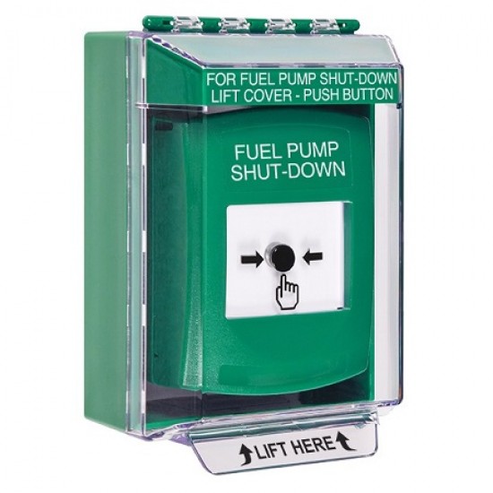 GLR181PS-EN STI Green Indoor/Outdoor Low Profile Surface Mount w/ Sound Key-to-Reset Push Button w/ FUEL PUMP SHUT-DOWN Label