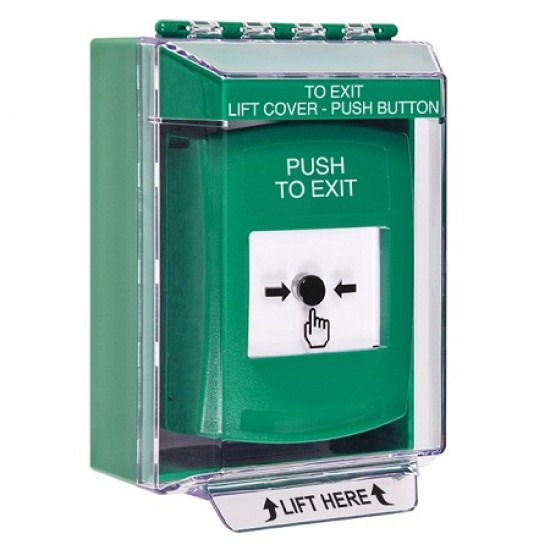 GLR181PX-EN STI Green Indoor/Outdoor Low Profile Surface Mount w/ Sound Key-to-Reset Push Button w/ PUSH TO EXIT Label
