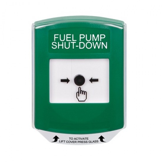GLR1A1PS-EN STI Green Indoor Only Shield w/ Sound Key-to-Reset Push Button with FUEL PUMP SHUT-DOWN Label English