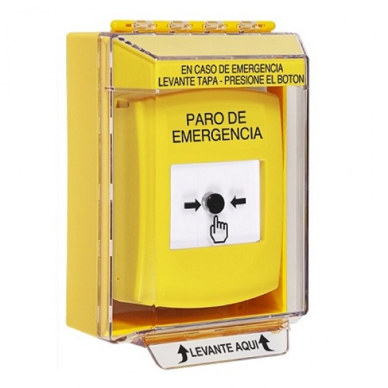 GLR271ES-ES STI Yellow Indoor/Outdoor Low Profile Surface Mount Key-to-Reset Push Button with EMERGENCY STOP Label Spanish