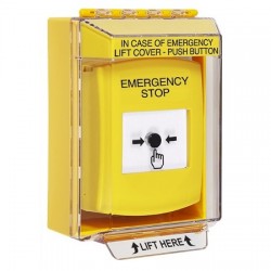 GLR281ES-EN STI Yellow Indoor/Outdoor Low Profile Surface Mount w/ Sound Key-to-Reset Push Button w/ EMERGENCY STOP Label