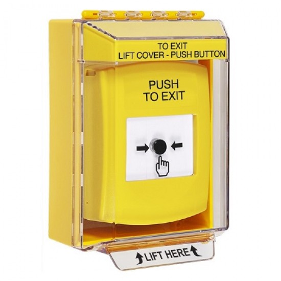 GLR281PX-EN STI Yellow Indoor/Outdoor Low Profile Surface Mount w/ Sound Key-to-Reset Push Button w/ PUSH TO EXIT Label