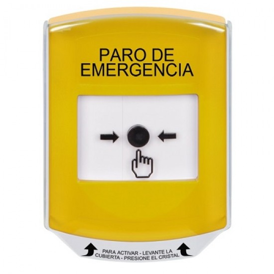 GLR2A1ES-ES STI Yellow Indoor Only Shield w/ Sound Key-to-Reset Push Button with EMERGENCY STOP Label Spanish