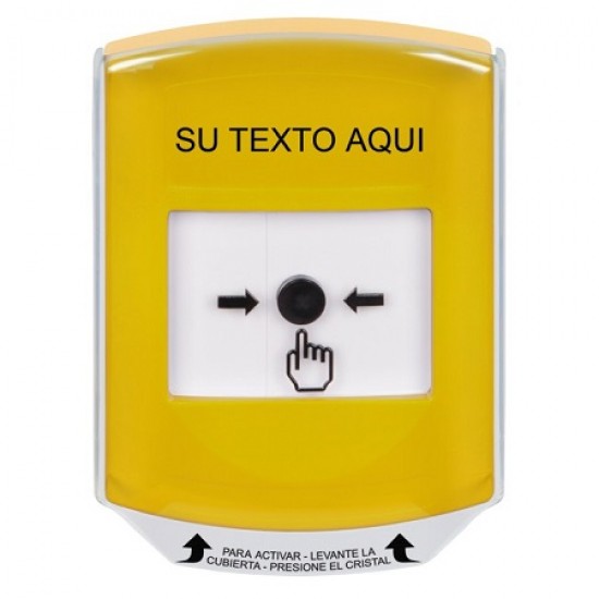 GLR2A1ZA-ES STI Yellow Indoor Only Shield w/ Sound Key-to-Reset Push Button with Non-Returnable Custom Text Label Spanish