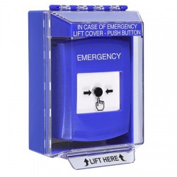 GLR471EM-EN STI Blue Indoor/Outdoor Low Profile Surface Mount Key-to-Reset Push Button with EMERGENCY Label English