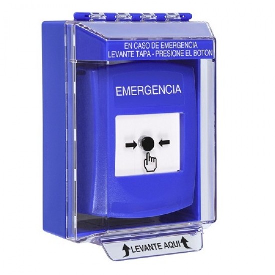 GLR471EM-ES STI Blue Indoor/Outdoor Low Profile Surface Mount Key-to-Reset Push Button with EMERGENCY Label Spanish