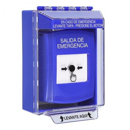 GLR471EX-ES STI Blue Indoor/Outdoor Low Profile Surface Mount Key-to-Reset Push Button with EMERGENCY EXIT Label Spanish