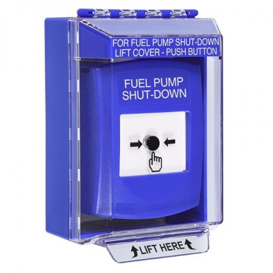 GLR471PS-EN STI Blue Indoor/Outdoor Low Profile Surface Mount Key-to-Reset Push Button with FUEL PUMP SHUT-DOWN Label English