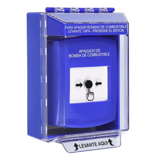 GLR471PS-ES STI Blue Indoor/Outdoor Low Profile Surface Mount Key-to-Reset Push Button with FUEL PUMP SHUT-DOWN Label Spanish