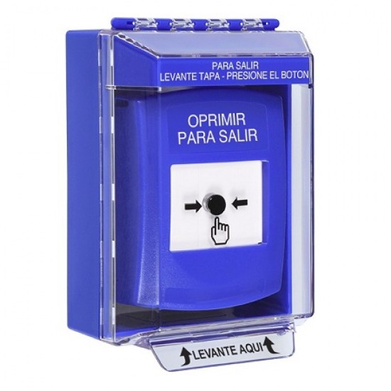 GLR471PX-ES STI Blue Indoor/Outdoor Low Profile Surface Mount Key-to-Reset Push Button with PUSH TO EXIT Label Spanish