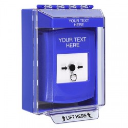 GLR471ZA-EN STI Blue Indoor/Outdoor Low Profile Surface Mount Key-to-Reset Push Button w/ Custom Text Label