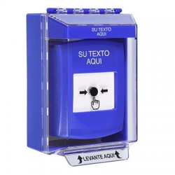 GLR471ZA-ES STI Blue Indoor/Outdoor Low Profile Surface Mount Key-to-Reset Push Button w/ Custom Text Spanish