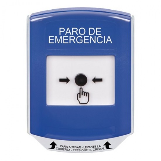 GLR4A1ES-ES STI Blue Indoor Only Shield w/ Sound Key-to-Reset Push Button with EMERGENCY STOP Label Spanish