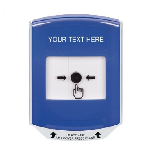GLR4A1ZA-EN STI Blue Indoor Only Shield w/ Sound Key-to-Reset Push Button with Non-Returnable Custom Text Label English