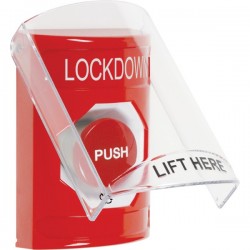 SS2021LD-EN STI Red Indoor Only Flush or Surface Turn-to-Reset Stopper Station with LOCKDOWN Label English