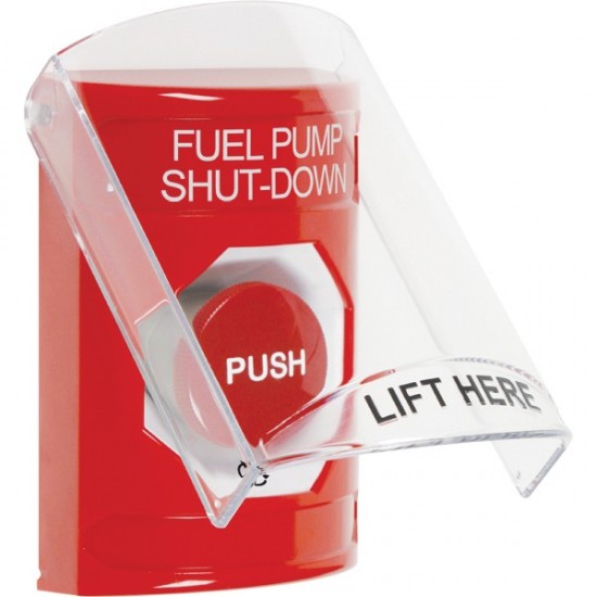 SS2021PS-EN STI Red Indoor Only Flush or Surface Turn-to-Reset Stopper Station with FUEL PUMP SHUT DOWN Label English
