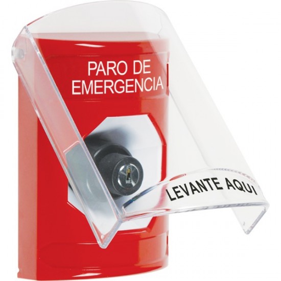 SS2023ES-ES STI Red Indoor Only Flush or Surface Key-to-Activate Stopper Station with EMERGENCY STOP Label Spanish