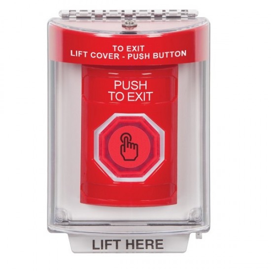 SS2036PX-EN STI Red Indoor/Outdoor Flush Momentary (Illuminated) with Red Lens Stopper Station with PUSH TO EXIT Label English