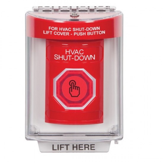 SS2037HV-EN STI Red Indoor/Outdoor Flush Weather Resistant Momentary Stopper Station w/ HVAC SHUT DOWN Label