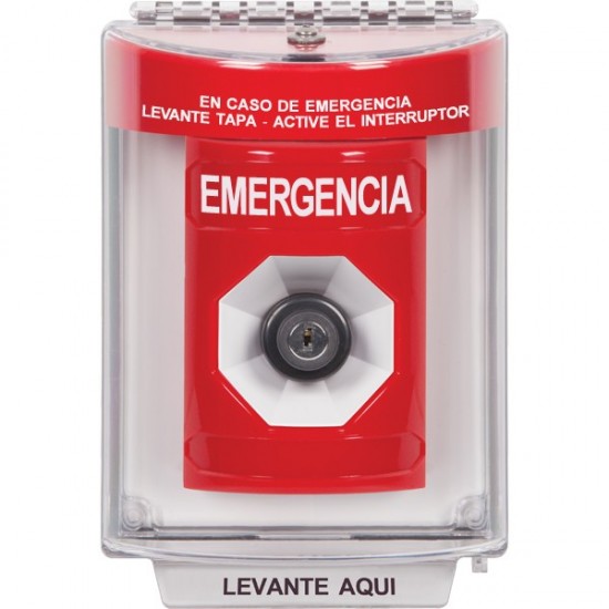 SS2043EM-ES STI Red Indoor/Outdoor Flush w/ Horn Key-to-Activate Stopper Station with EMERGENCY Label Spanish