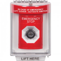 SS2043ES-EN STI Red Indoor/Outdoor Flush w/ Horn Key-to-Activate Stopper Station with EMERGENCY STOP Label English