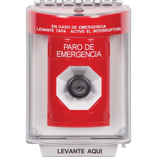 SS2043ES-ES STI Red Indoor/Outdoor Flush w/ Horn Key-to-Activate Stopper Station with EMERGENCY STOP Label Spanish