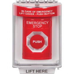 SS2044ES-EN STI Red Indoor/Outdoor Flush w/ Horn Momentary Stopper Station with EMERGENCY STOP Label English