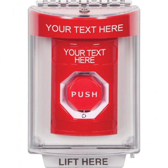 SS2049ZA-EN STI Red Indoor/Outdoor Flush w/ Horn Turn-to-Reset Stopper Station w/ Custom Text Label