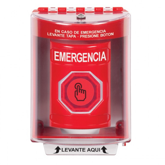 SS2076EM-ES STI Red Indoor/Outdoor Surface Momentary (Illuminated) with Red Lens Stopper Station with EMERGENCY Label Spanish