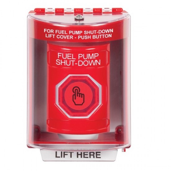 SS2077PS-EN STI Red Indoor/Outdoor Surface Weather Resistant Momentary Stopper Station w/ FUEL PUMP SHUT DOWN Label