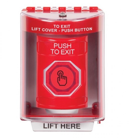 SS2077PX-EN STI Red Indoor/Outdoor Surface Weather Resistant Momentary Stopper Station w/ PUSH TO EXIT Label