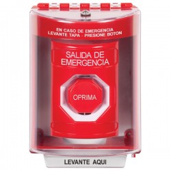 SS2078EX-ES STI Red Indoor/Outdoor Surface Pneumatic (Illuminated) Stopper Station with EMERGENCY EXIT Label Spanish