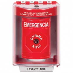 SS2080EM-ES STI Red Indoor/Outdoor Surface w/ Horn Key-to-Reset Stopper Station with EMERGENCY Label Spanish