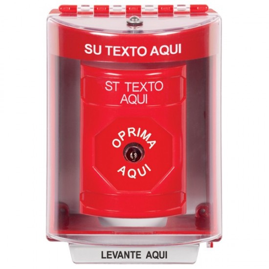 SS2080ZA-ES STI Red Indoor/Outdoor Surface w/ Horn Key-to-Reset Stopper Station with Non-Returnable Custom Text Label Spanish