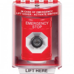 SS2083ES-EN STI Red Indoor/Outdoor Surface w/ Horn Key-to-Activate Stopper Station with EMERGENCY STOP Label English