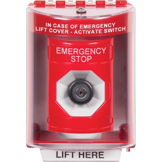 SS2083ES-EN STI Red Indoor/Outdoor Surface w/ Horn Key-to-Activate Stopper Station with EMERGENCY STOP Label English