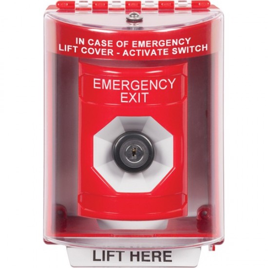 SS2083EX-EN STI Red Indoor/Outdoor Surface w/ Horn Key-to-Activate Stopper Station with EMERGENCY EXIT Label English