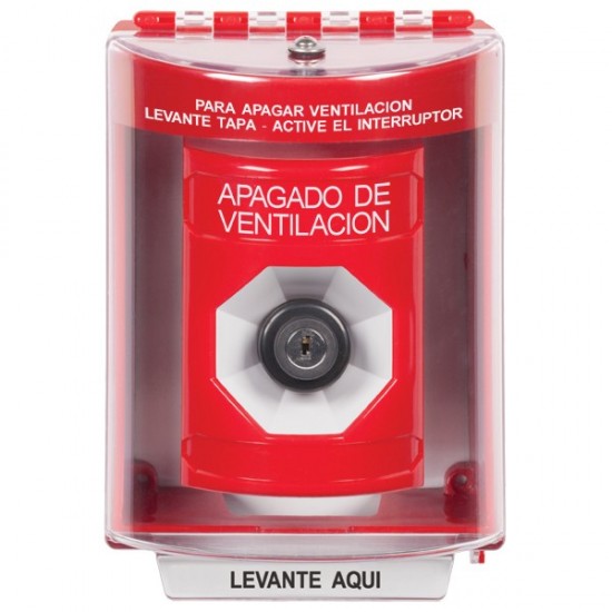 SS2083HV-ES STI Red Indoor/Outdoor Surface w/ Horn Key-to-Activate Stopper Station with HVAC SHUT DOWN Label Spanish