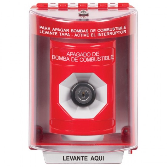 SS2083PS-ES STI Red Indoor/Outdoor Surface w/ Horn Key-to-Activate Stopper Station with FUEL PUMP SHUT DOWN Label Spanish