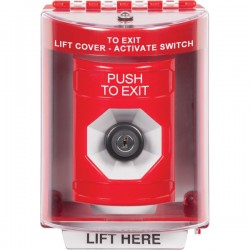 SS2083PX-EN STI Red Indoor/Outdoor Surface w/ Horn Key-to-Activate Stopper Station with PUSH TO EXIT Label English